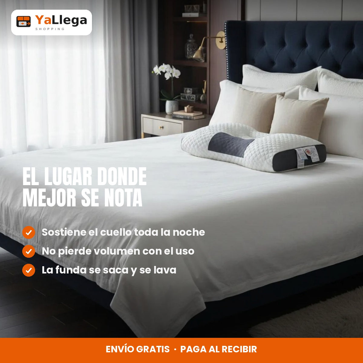 Almohada cervical ergonómica sobre una cama matrimonial en un dormitorio