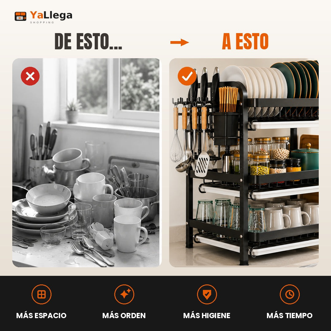 Antes y después: el meson lleno de loza y el mismo meson ordenado con el escurridor de 3 niveles