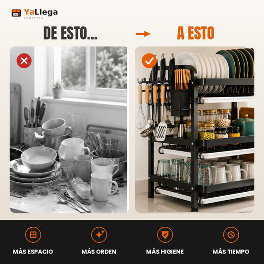 Antes y después: el meson lleno de loza y el mismo meson ordenado con el escurridor de 3 niveles
