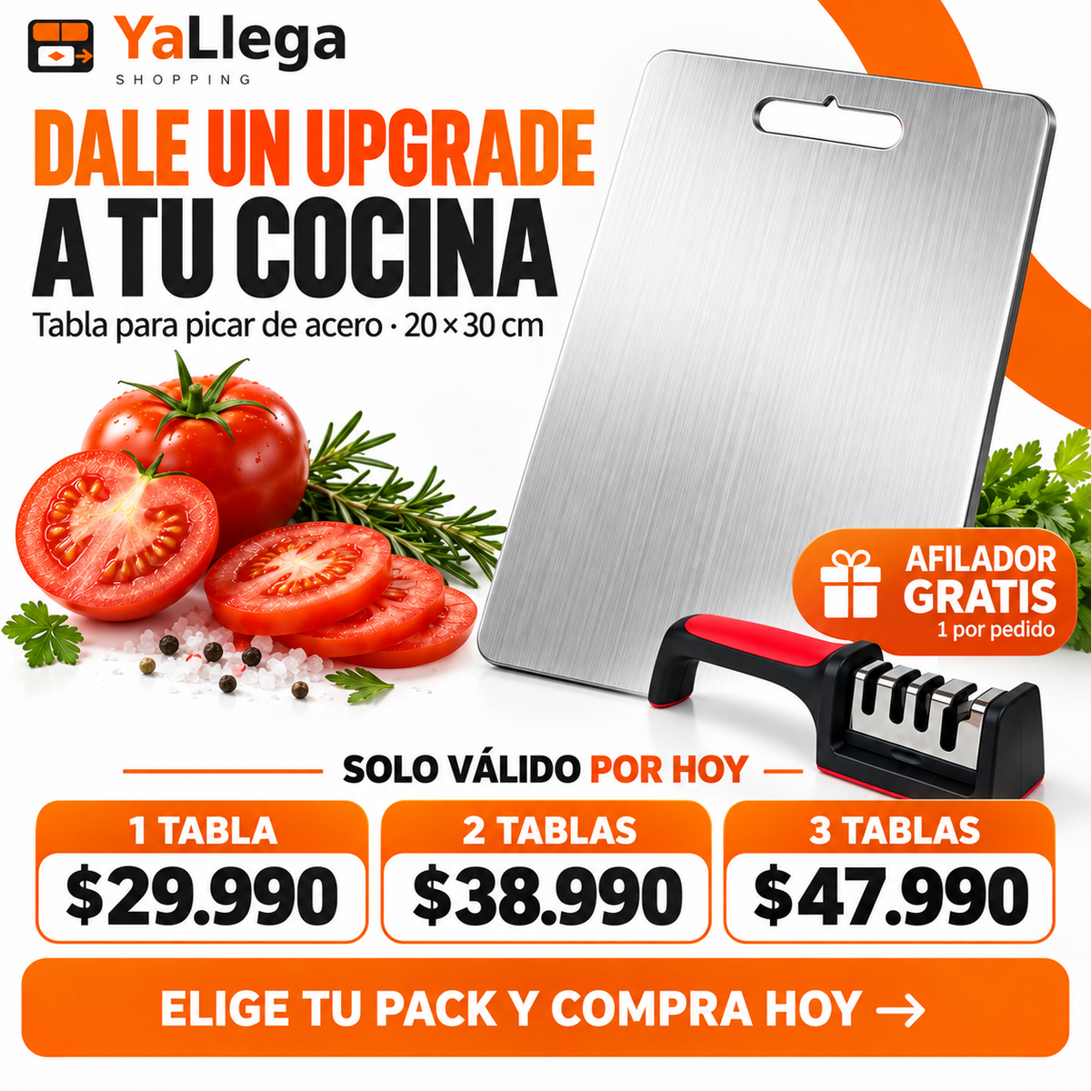 Tabla Acero Inoxidable 20 × 30 cm con afilador de regalo: 1, 2 o 3 tablas