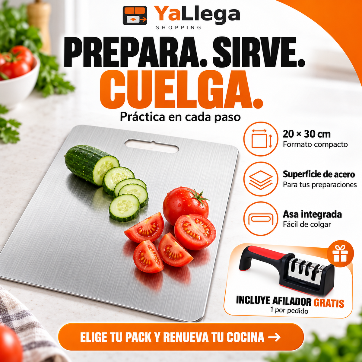 Tabla de acero inoxidable con asa integrada para colgar, formato compacto 20 × 30 cm