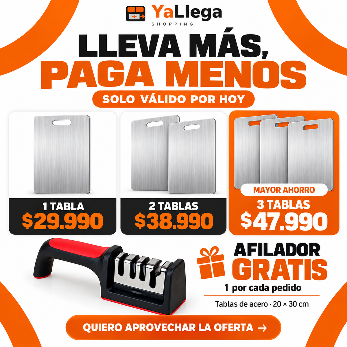 Packs de 1, 2 y 3 tablas de acero inoxidable con afilador gratis por pedido